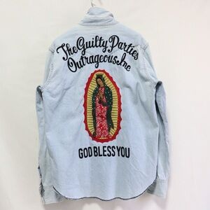 Denim Shirt Jacket with Bold Religious Back Graphic - Light Blue